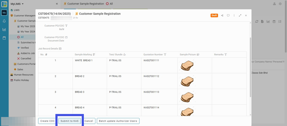 Click the 'Submit to KAS' button to submit the new Sample Registration Record to the Laboratory