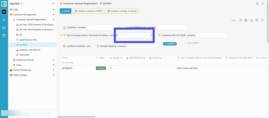 Enter the 'Company Name/Personal Full Name' field to search
