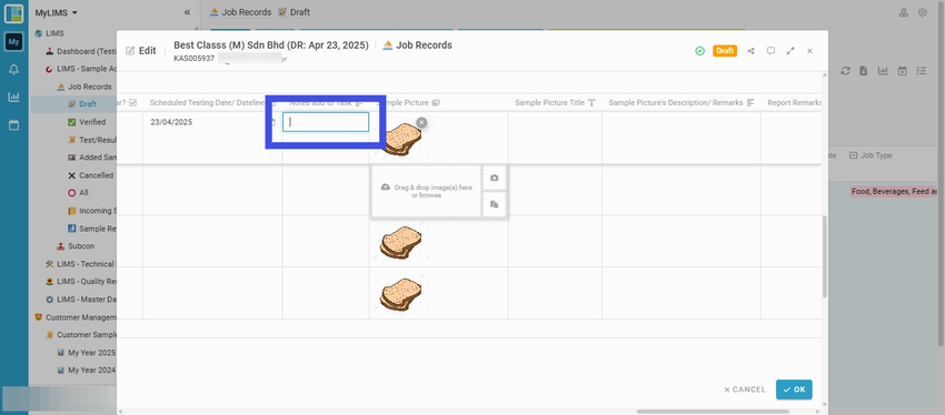 Navigate to the selected sample and enter its notes if you wish to add the note to the Task