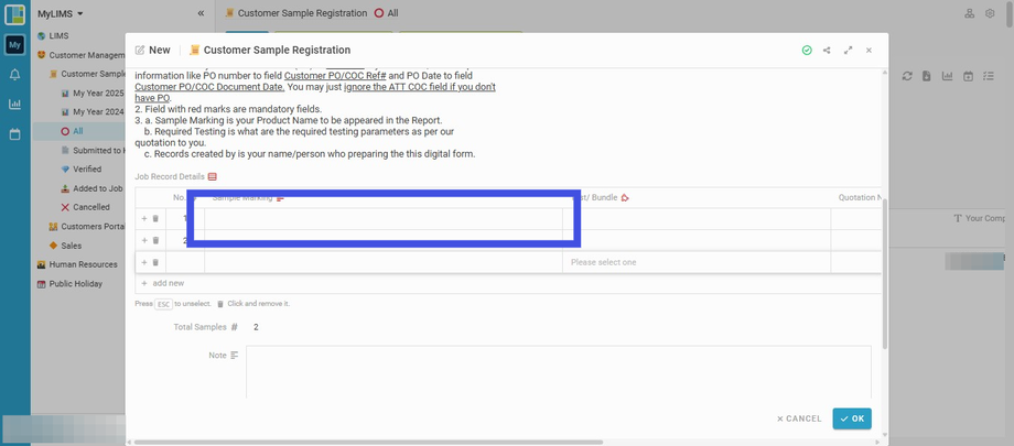 Enter Sample Marking for each sample submitted