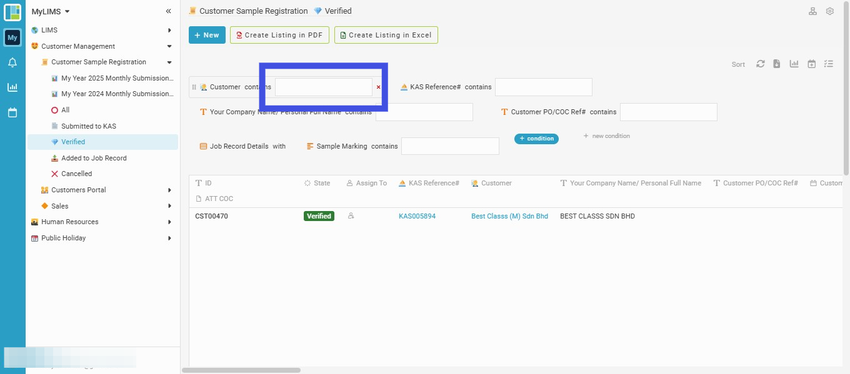 Enter the customer name to search in the 'Customer' field