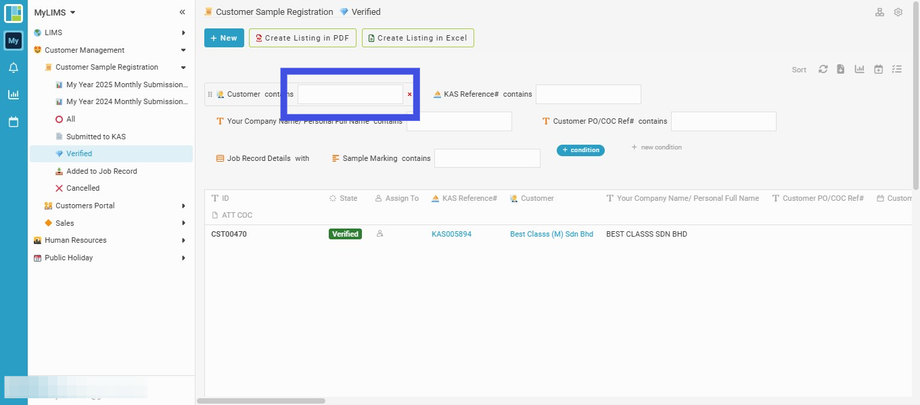 Enter the customer name to search in the 'Customer' field