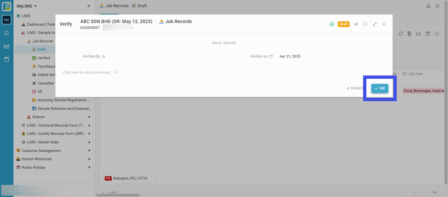 Click the 'OK' button to confirm the verification.