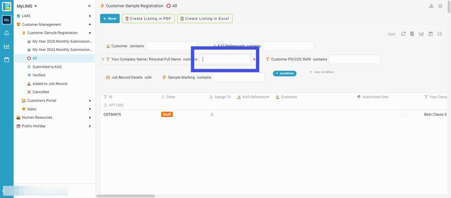 Enter and search Company Name/Personal Full Name into the field 'Company Name/Personal Full Name'