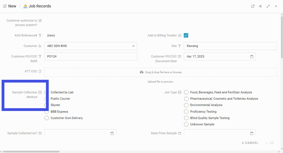 Choose 'Sample Collection Method'
