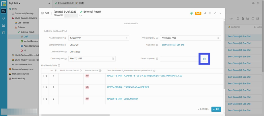 Navigate to Result 'Date Completed'