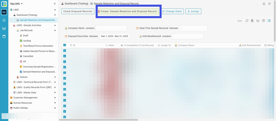 Click the 'Create: Sample Retention and Disposal Record' button