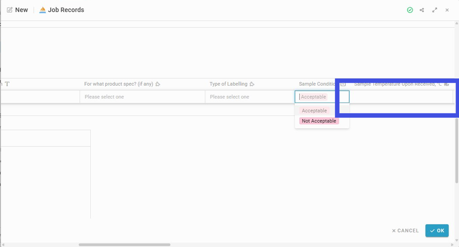 Insert information to the field 'Sample Temperature Upon Received'