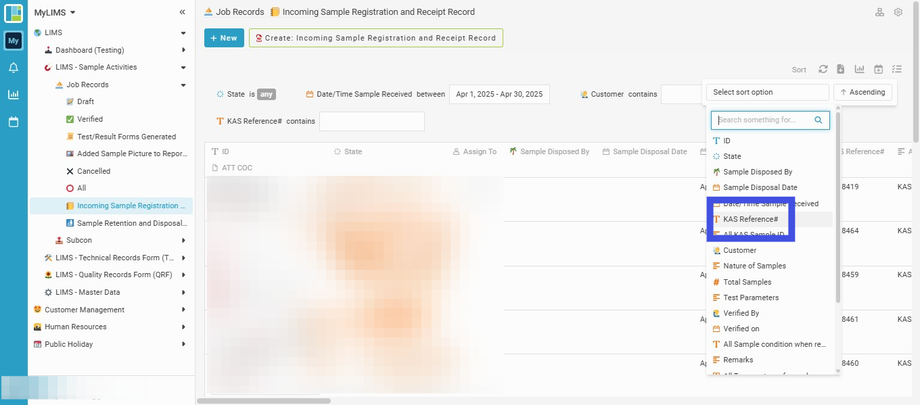 Choose the 'KAS Reference#'