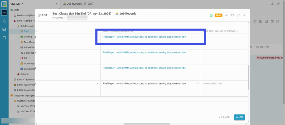 Navigate to the selected sample and select its Report Template