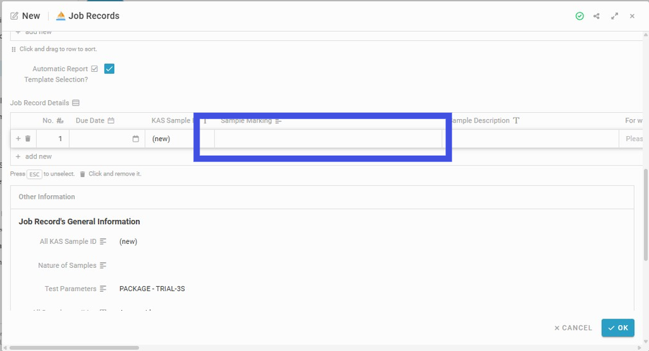 Insert information to the field 'Sample Marking'