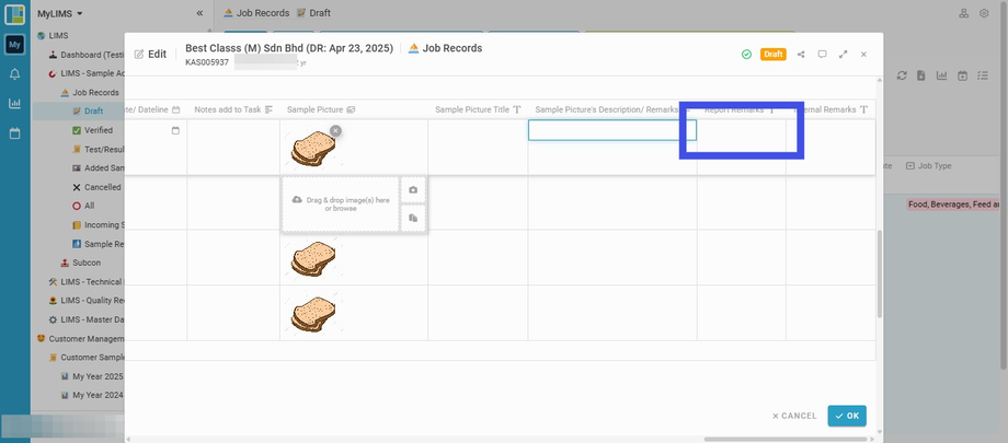 Navigate to the selected sample and insert its Report Remarks into the 'Report Remarks' field (if any)
