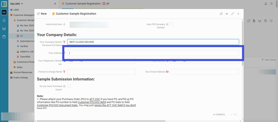 Enter the Address in the field 'Your Address'