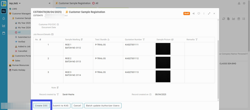 Click on the 'Create COC' button to create the Chain-of-Custody (COC) for the Entry