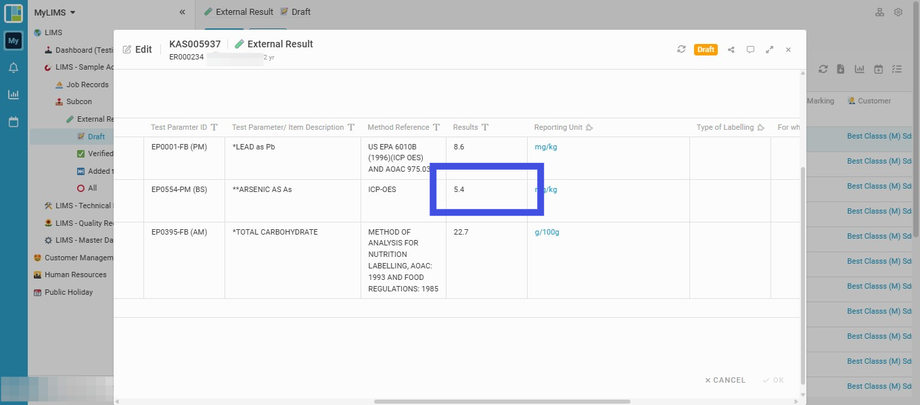 Navigate to the selected row of the 'Final Result Table' and click the Result section that you want to edit the result (e.g., initial value of Arsenic is 5.4)