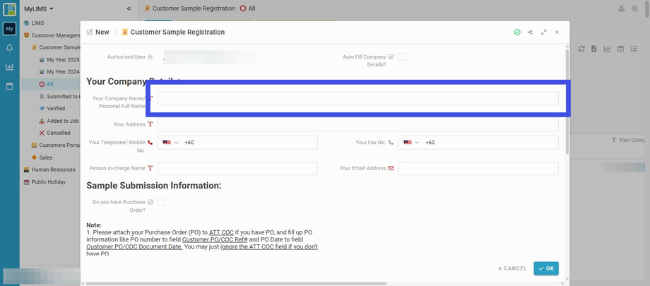 Enter your Company Name into the field 'Your Company Name/ Personal Full Name'
