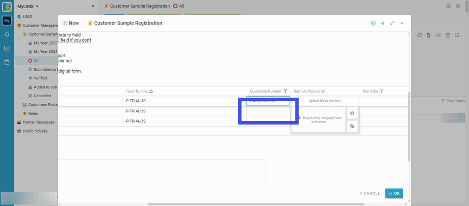 Continue inserting the Quotation Number for the rest of the samples