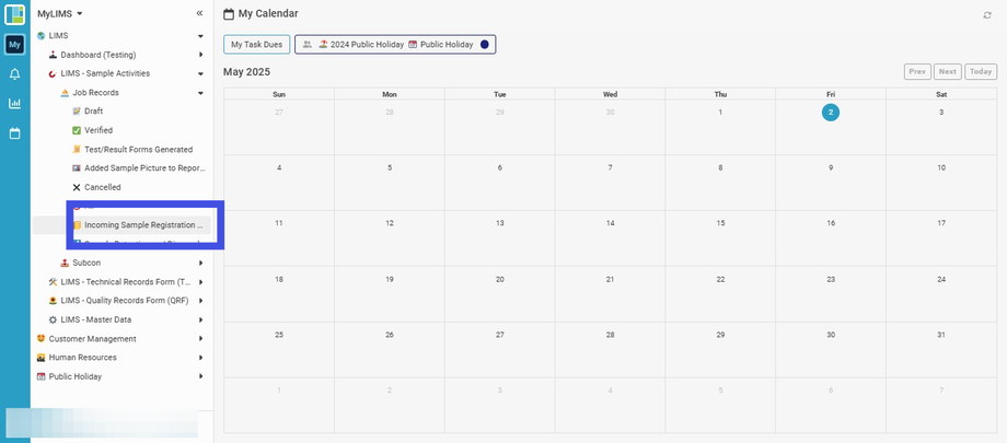 Navigate to 'Incoming Sample Registration and Receipt Record'