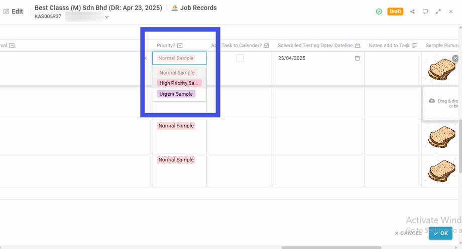 Navigate to the selected sample and choose its Sample Priority