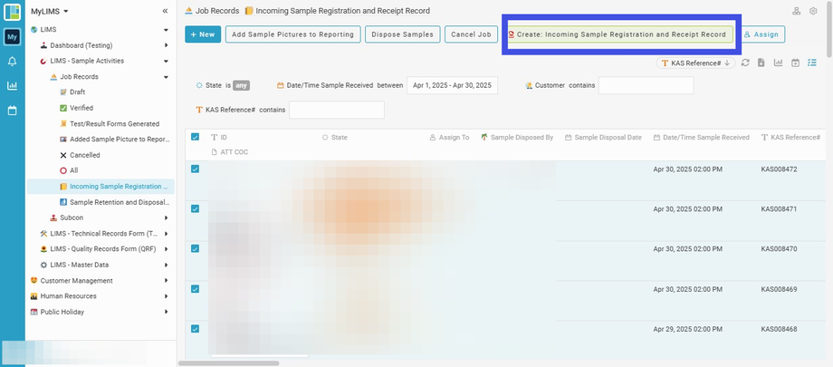 Click 'Create: Incoming Sample Registration and Receipt Record'