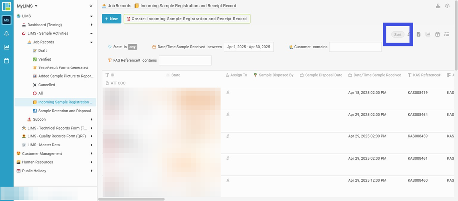 Click the 'Sort' button