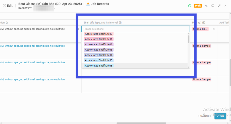 Navigate to the selected sample and select its Shelf Life Type and its Interval (if for Shelf Life Testing). Leave blank if not for shelf life testing.