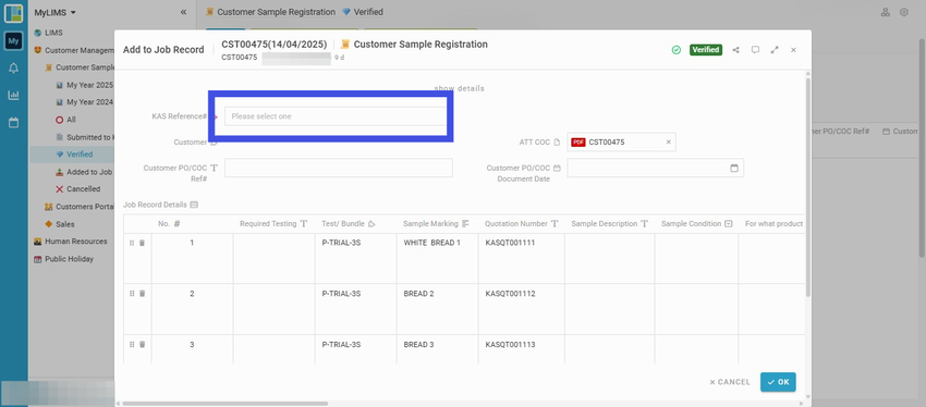 Enter the KAS Reference ID in the 'KAS Reference#' field in the pop-up page