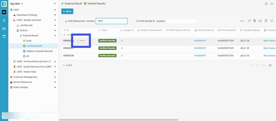 Navigate to the selected Entry and click the 'View' to see the Entry details