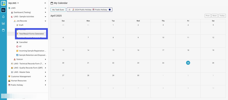 Navigate to and click 'Test/Result Forms Generated'