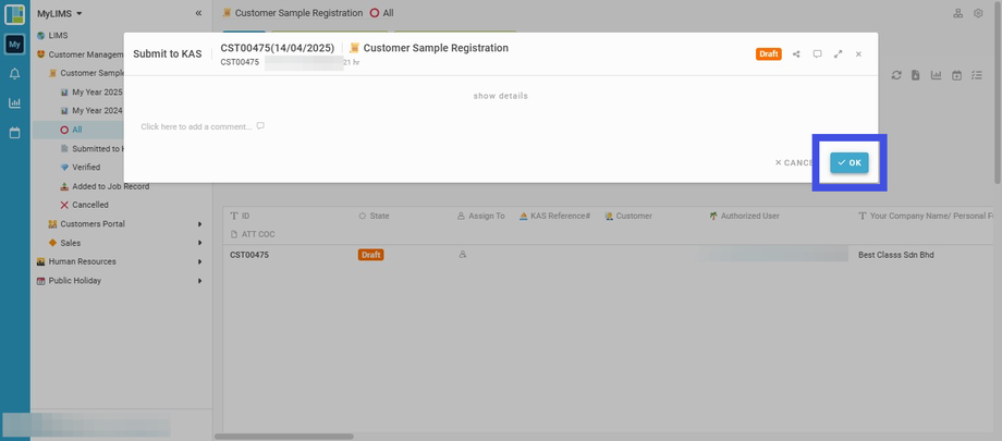 Click the 'OK' button to confirm the submission