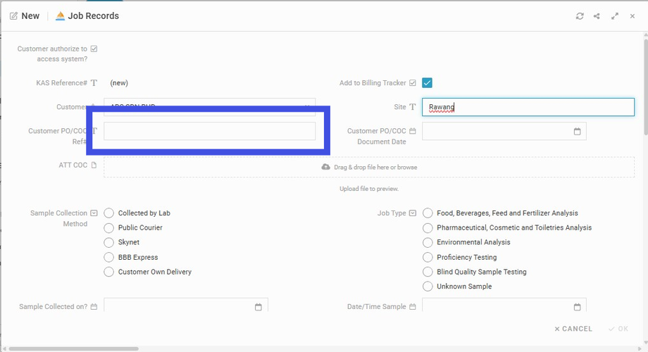 Insert 'Customer PO/COC Ref#'
