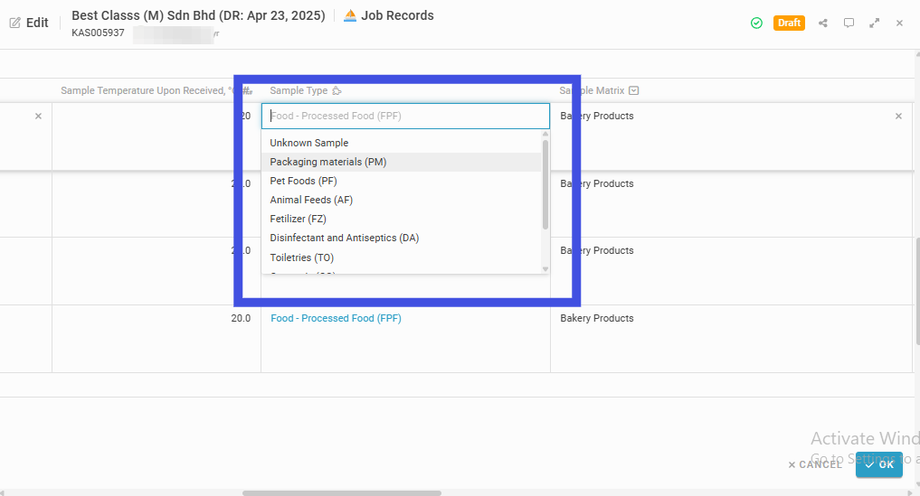 Navigate to the selected sample and assign its Sample Type