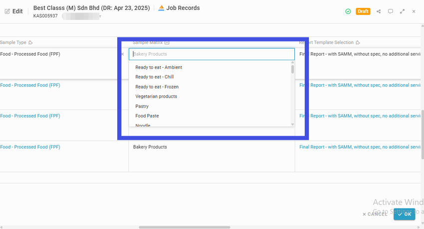 Navigate to the selected sample and assign its Sample Matrix, which is a dropdown dependent on Sample Type