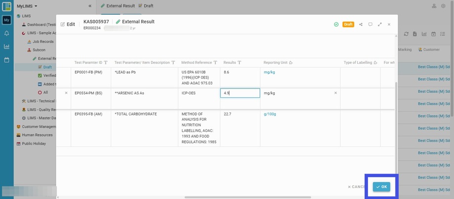 After editing the Result value, click the 'OK' button to save the changes to the Entry (e.g., Edited value is 4.9 for the Arsenic)