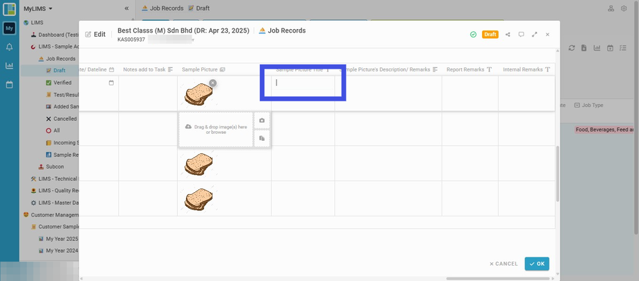 Navigate to the selected sample and insert its Sample Picture Title into the 'Sample Picture Title' field (if any)