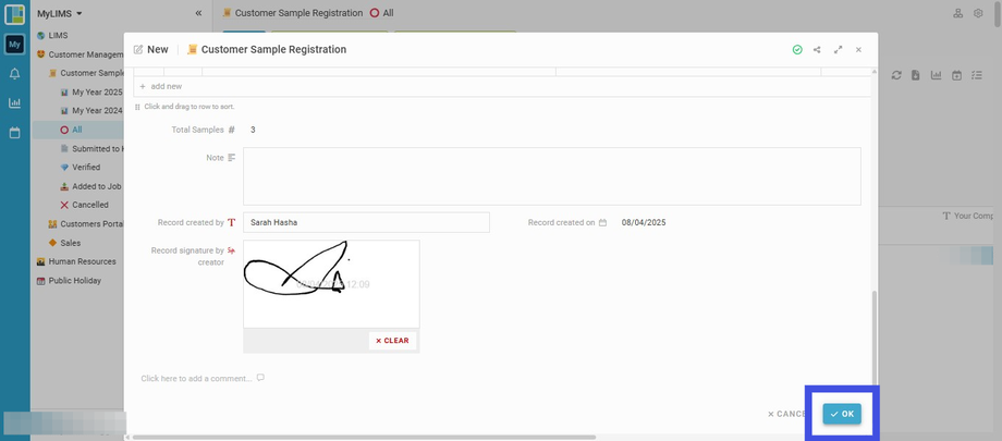 Click the 'OK' button to submit the Entry
