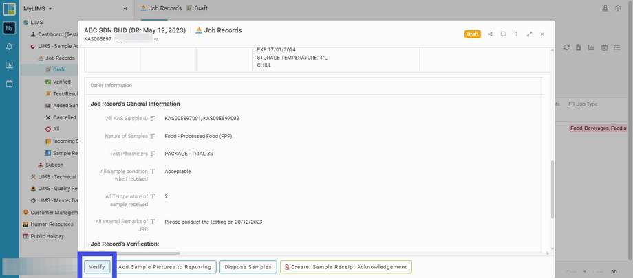 Click the 'Verify' button to verify the Job Record