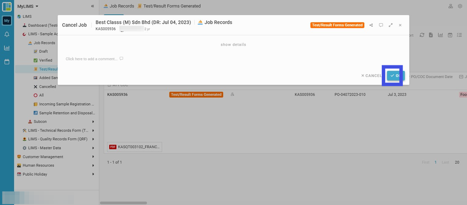 Click the 'OK' button to confirm job cancellation