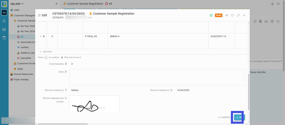 Click the 'OK' button to save the edited Entry