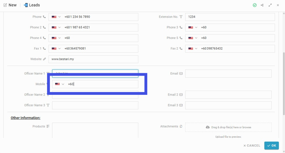 Insert 'Mobile' number