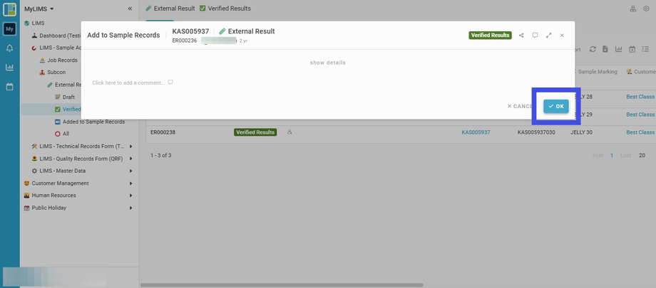 Click the 'OK' button to confirm the submission of the Entry