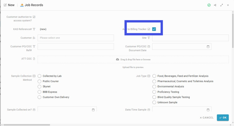Let the 'Add to Billing Tracker' tick box be checked (if you want to make a billable Job Record)