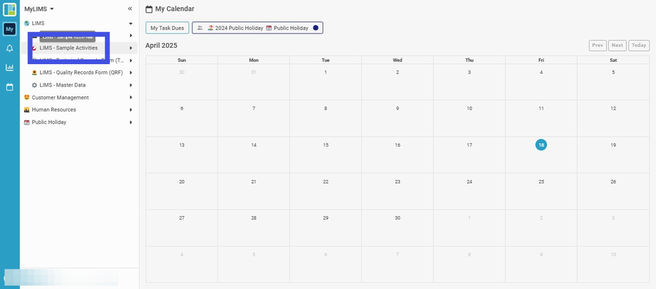 Click 'LIMS - Sample Activities'