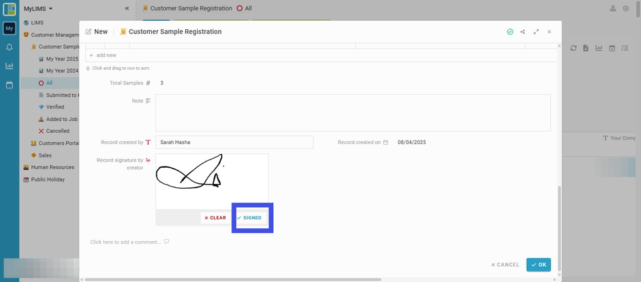 Click the 'Signed' button to save the signature