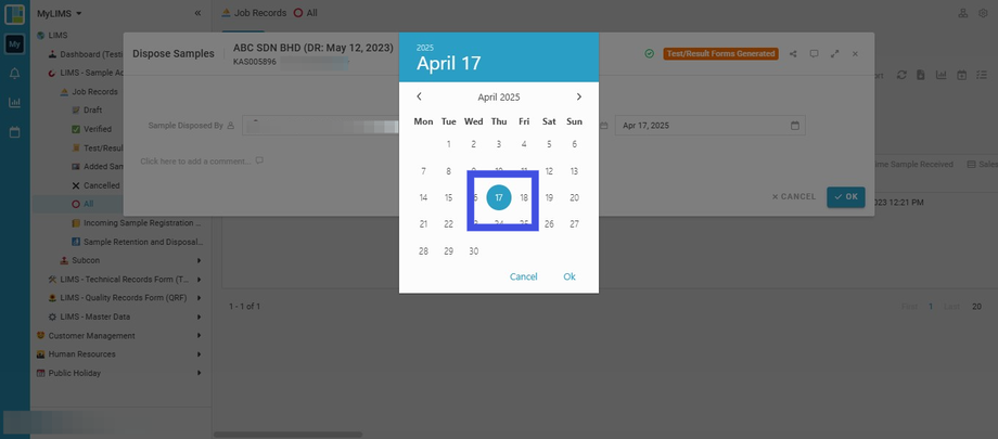Click and select the 'Sample Disposal Date'