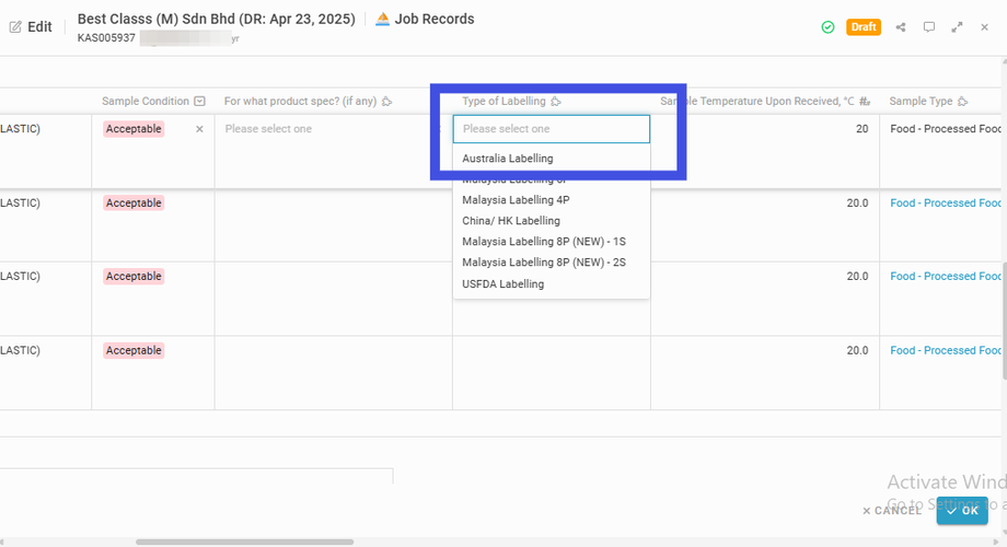 Navigate to the selected sample and select its Type of Labelling (if any)
