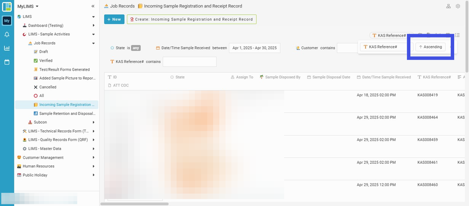 To sort the entries in descending order by clicking the 'Ascending' button