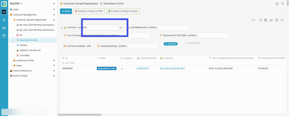 Enter and search the customer name in the 'Customer' field