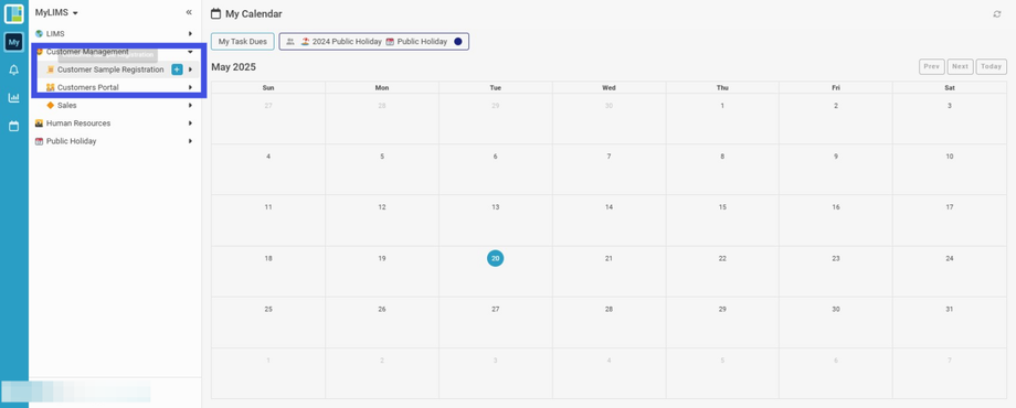 Click on 'Customer Sample Registration'