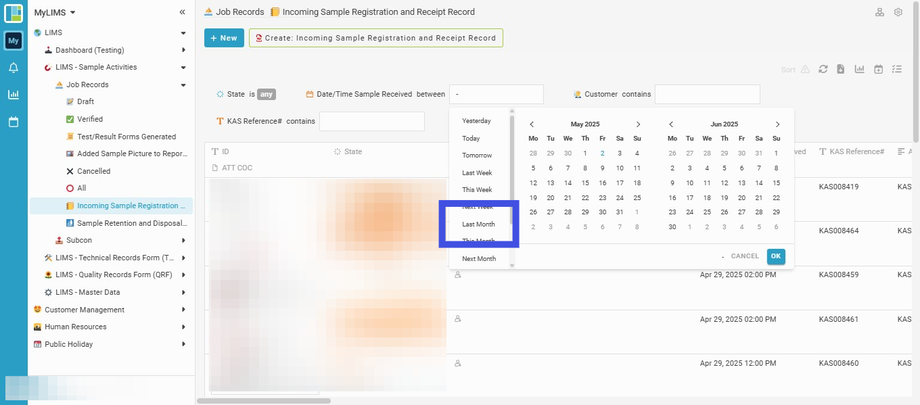 Choose from Last Month in the list